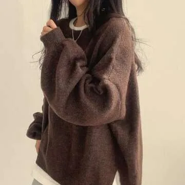 Generic Women's SFall & Winter Solid Chic Split Hem Crewneck Knitting Jumper, Basic Casual Loose Long Sleeve Sweater for Daily (US, Alpha, Medium, Regular, Regular, Coffee)