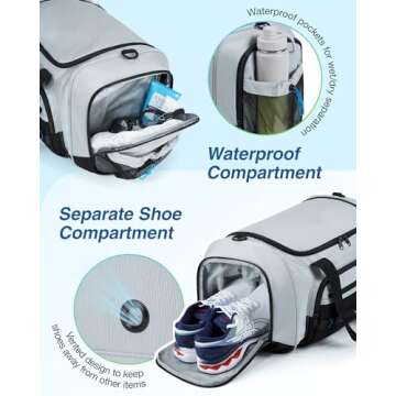 BAGSMART Sports Gym Bag, 37L Travel Duffel Bag Carry-on Bag, Lightweight Weekend Overnight Bag with Shoe Compartment & Wet Pocket, Water-resistant Workout Duffle Bag for Travel Gym- Grey