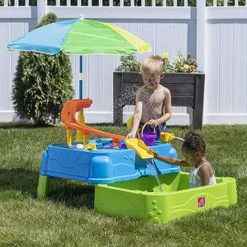 Step2 Waterpark Wonders Two-Tier Water Table, Kids Water Activity Sensory Playset, Comes with Umbrella, Summer Outdoor Toys, 11 Piece Water Toy Accessories, for Toddlers 1.5+ Years Old