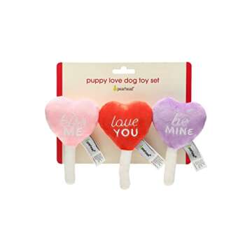 Pearhead Valentine's Day Plush Dog Toys, Holiday Pet Toys, Pet Owner Gifts, Squeaky Toys for Dogs, Candy Conversation Hearts Toys, Set of 3