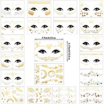 Zonon 20 Sheets Gold Glitter Freckles Face Tattoo Sparkle Face Makeup Patches Metallic Face Tattoo S...