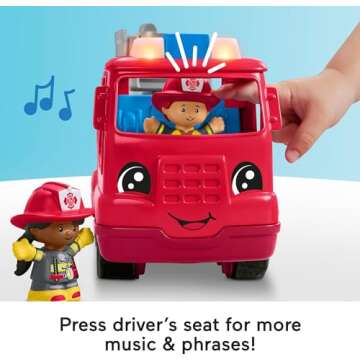 Fisher-Price Little People Toddler Toy Fire Truck Musical Push-Along Vehicle with 2 Figures for Pretend Play Ages 1+ Years