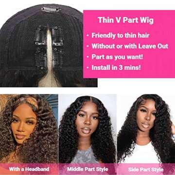 VIVIBABI V Part Wig Water Wave Human Hair No Leave Out Upgrade Wigs Human Hair Wig Curly Wigs for Bl...