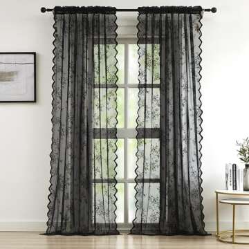 Bujasso Black Lace Curtains Vintage Floral Black Sheer Curtains 84 inch Rod Pocket Light Filtering V...