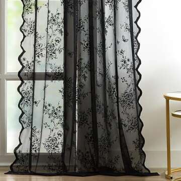Bujasso Black Lace Curtains Vintage Floral Black Sheer Curtains 84 inch Rod Pocket Light Filtering Victorian Gothic Scalloped Black Lace Sheer Drapes for Living Room Bedroom Halloween 54" Wx84 Lx2