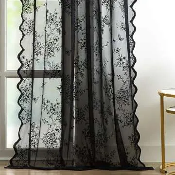 Bujasso Black Lace Curtains Vintage Floral Black Sheer Curtains 84 inch Rod Pocket Light Filtering Victorian Gothic Scalloped Black Lace Sheer Drapes for Living Room Bedroom Halloween 54" Wx84 Lx2