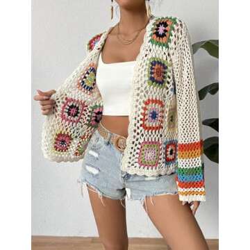 SHENHE Women's Floral Crochet Cardigan Hollow Out Open Front Long Sleeve Cardigan Sweater Apricot L