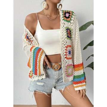 SHENHE Women's Floral Crochet Cardigan Hollow Out Open Front Long Sleeve Cardigan Sweater Apricot L