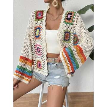 SHENHE Women's Floral Crochet Cardigan Hollow Out Open Front Long Sleeve Cardigan Sweater Apricot L