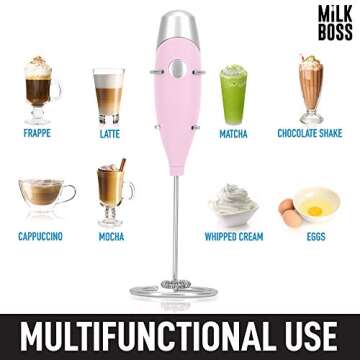 Milk Boss Mighty Milk Frother Handheld Whisk Mixer - Coffee Frother Electric Handheld Foam Maker & Frother For Coffee - Portable Electric Whisk With 16-Piece Stencils For Lattes, Matcha & More (Pink)