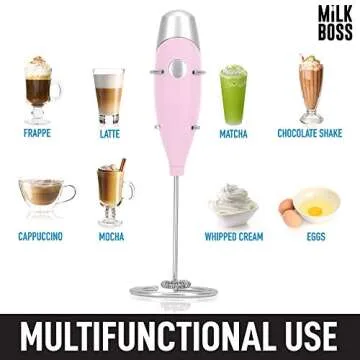 Milk Boss Mighty Milk Frother Handheld Whisk Mixer - Coffee Frother Electric Handheld Foam Maker & Frother For Coffee - Portable Electric Whisk With 16-Piece Stencils For Lattes, Matcha & More (Pink)