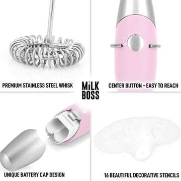 Milk Boss Mighty Milk Frother Handheld Whisk Mixer - Coffee Frother Electric Handheld Foam Maker & Frother For Coffee - Portable Electric Whisk With 16-Piece Stencils For Lattes, Matcha & More (Pink)
