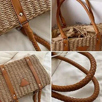 QTKJ Beach Bag for Women, Handwoven Straw Bag, Square Leather Shoulder Strap Beach Tote Leather Shoulder Strap Designer Handbags for Vacation Travel Work(Khaki)