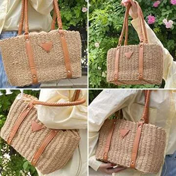 QTKJ Beach Bag for Women, Handwoven Straw Bag, Square Leather Shoulder Strap Beach Tote Leather Shoulder Strap Designer Handbags for Vacation Travel Work(Khaki)