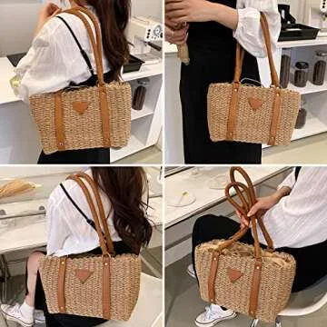 QTKJ Beach Bag for Women, Handwoven Straw Bag, Square Leather Shoulder Strap Beach Tote Leather Shoulder Strap Designer Handbags for Vacation Travel Work(Khaki)