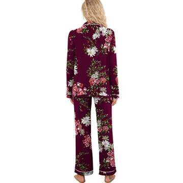 PrinStory Women's Pajamas Set Long Sleeve Sleepwear Casual Loungewear Soft Button Down Pjs Set with Pockets FP-Wine Red-Medium