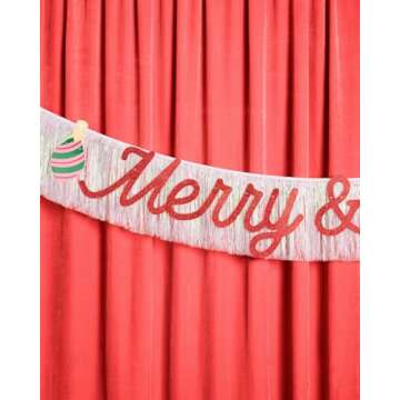 xo, Fetti Merry and Bright Fringe Banner - Red Glitter and White Iridescent, 5 Ft. | Christmas Party Decoration, Holiday Xmas Sign, Winter Photoshoot Backdrop