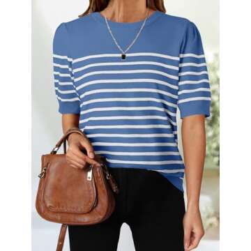 ZESICA Women's Casual Striped Tops Short Sleeve Crew Neck Ribbed Knit T Shirts Comfy Loose Basic Pullover Sweater,Dustyblue,Small