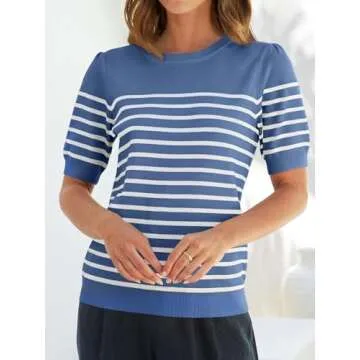 ZESICA Women's Casual Striped Tops Short Sleeve Crew Neck Ribbed Knit T Shirts Comfy Loose Basic Pullover Sweater,Dustyblue,Small