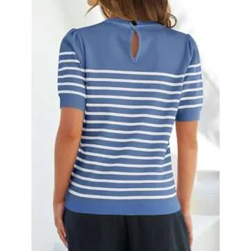 ZESICA Women's Casual Striped Tops Short Sleeve Crew Neck Ribbed Knit T Shirts Comfy Loose Basic Pullover Sweater,Dustyblue,Small