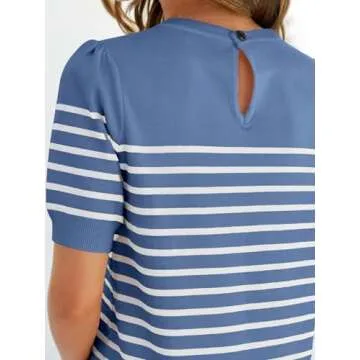 ZESICA Women's Casual Striped Tops Short Sleeve Crew Neck Ribbed Knit T Shirts Comfy Loose Basic Pullover Sweater,Dustyblue,Small