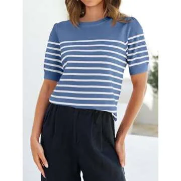 ZESICA Women's Casual Striped Tops Short Sleeve Crew Neck Ribbed Knit T Shirts Comfy Loose Basic Pullover Sweater,Dustyblue,Small