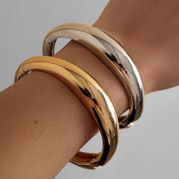 Impurain Gold Bangle Bracelets for Women Silver Plated Wide Wire Chunky Cuff Bracelets Trendy Hinged...