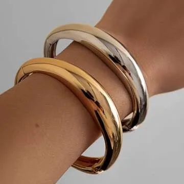 Impurain Gold Bangle Bracelets for Women Silver Plated Wide Wire Chunky Cuff Bracelets Trendy Hinged...