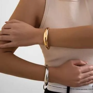 Impurain Gold Bangle Bracelets for Women Silver Plated Wide Wire Chunky Cuff Bracelets Trendy Hinged Cuff Open Wide Chunky Silver Bracelet Irregular Minimalist Bangle Jewelry (Gold+Silver-2)