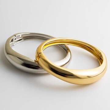 Impurain Gold Bangle Bracelets for Women Silver Plated Wide Wire Chunky Cuff Bracelets Trendy Hinged Cuff Open Wide Chunky Silver Bracelet Irregular Minimalist Bangle Jewelry (Gold+Silver-2)