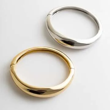 Impurain Gold Bangle Bracelets for Women Silver Plated Wide Wire Chunky Cuff Bracelets Trendy Hinged Cuff Open Wide Chunky Silver Bracelet Irregular Minimalist Bangle Jewelry (Gold+Silver-2)