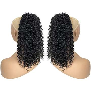 Deep Curly Drawstring Ponytail Extension for Black Women 14" Shoulder Length Water Wave Drawstring Ponytail with Clips in Protective Style Synthetic Curl Hair Pieces Ponytail Wigs for Women 1B