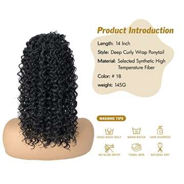 Deep Curly Drawstring Ponytail Extension for Black Women 14" Shoulder Length Water Wave Drawstring Ponytail with Clips in Protective Style Synthetic Curl Hair Pieces Ponytail Wigs for Women 1B