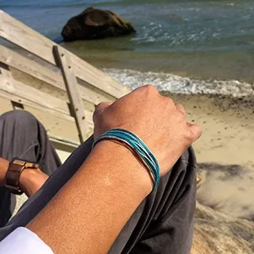 Rumi Sumaq Aqua Bracelet - Hawaii String Surfer Bracelet Teal Blues Shiny Metallic Silver - Handmade...
