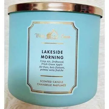 White Barn Candle Company Bath and Body Works 3-Wick Scented Candle w/Essential Oils - 14.5 oz - Lakeside Morning (Crisp Autumn Air, White Driftwood, a Hint of Green Apple)
