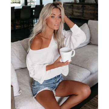 ReachMe Womens Oversized Off The Shoulder Tops Long Sleeve Waffle Knit Shirt Drop Shoulder Sweater Top(White,S)