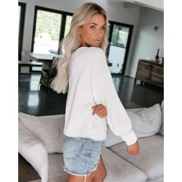 ReachMe Womens Oversized Off The Shoulder Tops Long Sleeve Waffle Knit Shirt Drop Shoulder Sweater Top(White,S)