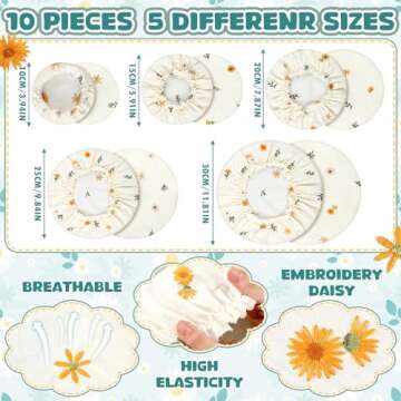 Patelai 10 Pcs Bowl Covers Reusable in 5 Size Stretch Cloth Fabric Bowl Covers Elastic Food Storage Covers Bread Sourdough Lids for Proofing Food Fruits Leftover(Embroidery Daisy)