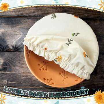 Patelai 10 Pcs Bowl Covers Reusable in 5 Size Stretch Cloth Fabric Bowl Covers Elastic Food Storage Covers Bread Sourdough Lids for Proofing Food Fruits Leftover(Embroidery Daisy)