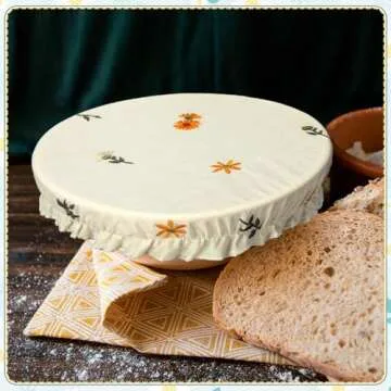 Patelai 10 Pcs Bowl Covers Reusable in 5 Size Stretch Cloth Fabric Bowl Covers Elastic Food Storage Covers Bread Sourdough Lids for Proofing Food Fruits Leftover(Embroidery Daisy)