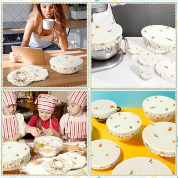 Patelai 10 Pcs Bowl Covers Reusable in 5 Size Stretch Cloth Fabric Bowl Covers Elastic Food Storage Covers Bread Sourdough Lids for Proofing Food Fruits Leftover(Embroidery Daisy)