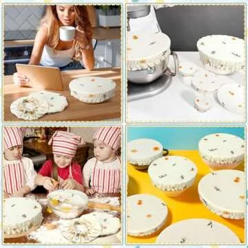 Patelai 10 Pcs Bowl Covers Reusable in 5 Size Stretch Cloth Fabric Bowl Covers Elastic Food Storage Covers Bread Sourdough Lids for Proofing Food Fruits Leftover(Embroidery Daisy)
