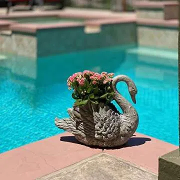 Swan Cast Grey Stone Planter Garden Decor Modern Contemporary