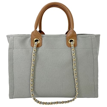 BYMEE Tote Bag for Women Canvas Handbag Removable Chains Shoulder Bag Daily Essentials Casual Work Bag Stylish Satchel Canvas Purse（Grey）