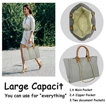 BYMEE Tote Bag for Women Canvas Handbag Removable Chains Shoulder Bag Daily Essentials Casual Work Bag Stylish Satchel Canvas Purse（Grey）