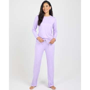Real Essentials (Pack of 2 Women's Long Sleeve Summer Pajamas - Cotton Sleepwear Matching Bottoms Comfy Soft and Lightweight - Set E Purple & Black, Medium