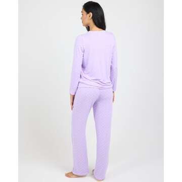 Real Essentials (Pack of 2 Women's Long Sleeve Summer Pajamas - Cotton Sleepwear Matching Bottoms Comfy Soft and Lightweight - Set E Purple & Black, Medium