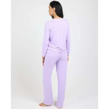 Real Essentials (Pack of 2 Women's Long Sleeve Summer Pajamas - Cotton Sleepwear Matching Bottoms Comfy Soft and Lightweight - Set E Purple & Black, Medium