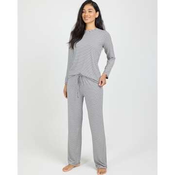 Real Essentials (Pack of 2 Women's Long Sleeve Summer Pajamas - Cotton Sleepwear Matching Bottoms Comfy Soft and Lightweight - Set E Purple & Black, Medium