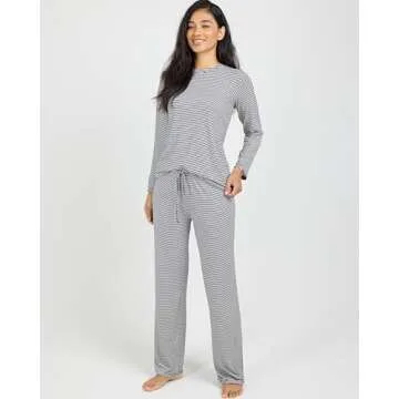 Real Essentials (Pack of 2 Women's Long Sleeve Summer Pajamas - Cotton Sleepwear Matching Bottoms Comfy Soft and Lightweight - Set E Purple & Black, Medium